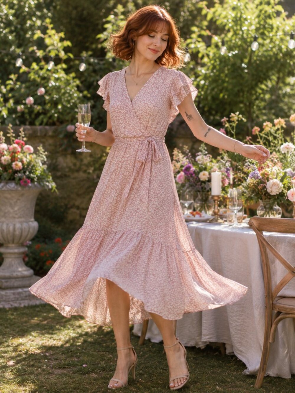 PRETTYGARDEN Pink Leopard Print Ruffle Sleeve Midi Wrap Dress XL